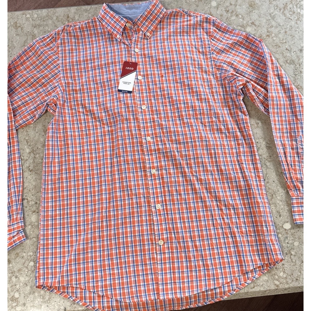IZOD Shirt Mens Large Orange Plaid‎ Hampton 60s Poplin Long Sleeve Button Down